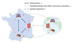 Processes analogous to ecological interactions and dispersal shape the dynamics of economic activities